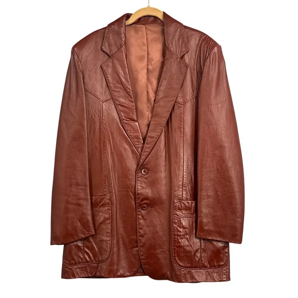 VTG Miller Western Leather Blazer Jacket Brown 42 Ranch Cowboy Classic Coat 70s